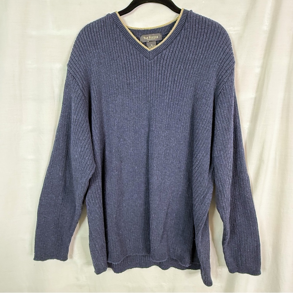 Van Heusen Vintage Navy Blue V-Neck Ribbed Knit Cotton Sweater XL